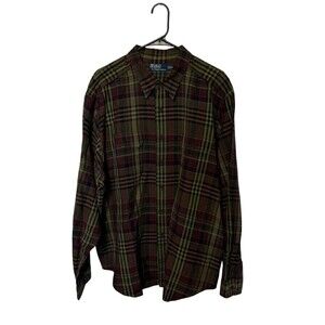 Polo Ralph Lauren Shirt Mens 2XL Green Red Plaid Silk Linen Epaulets Military